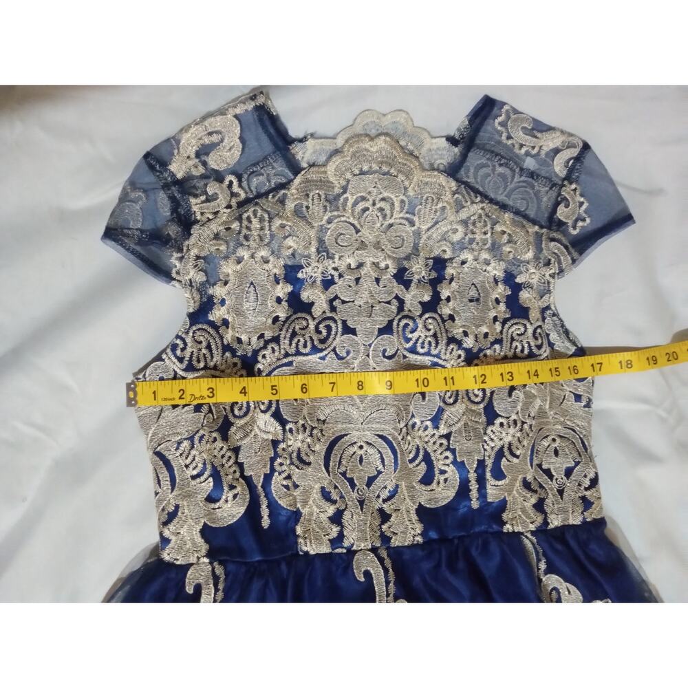 Women's Blue Lace Metallic Gold Embroidered Formal Cocktail Dinner Party Dress - Picture 6 of 13